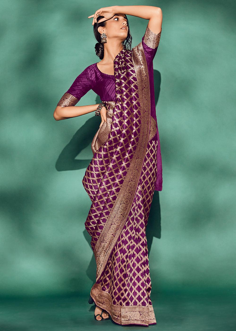 Plum Purple Woven Viscose Silk Saree - qivii