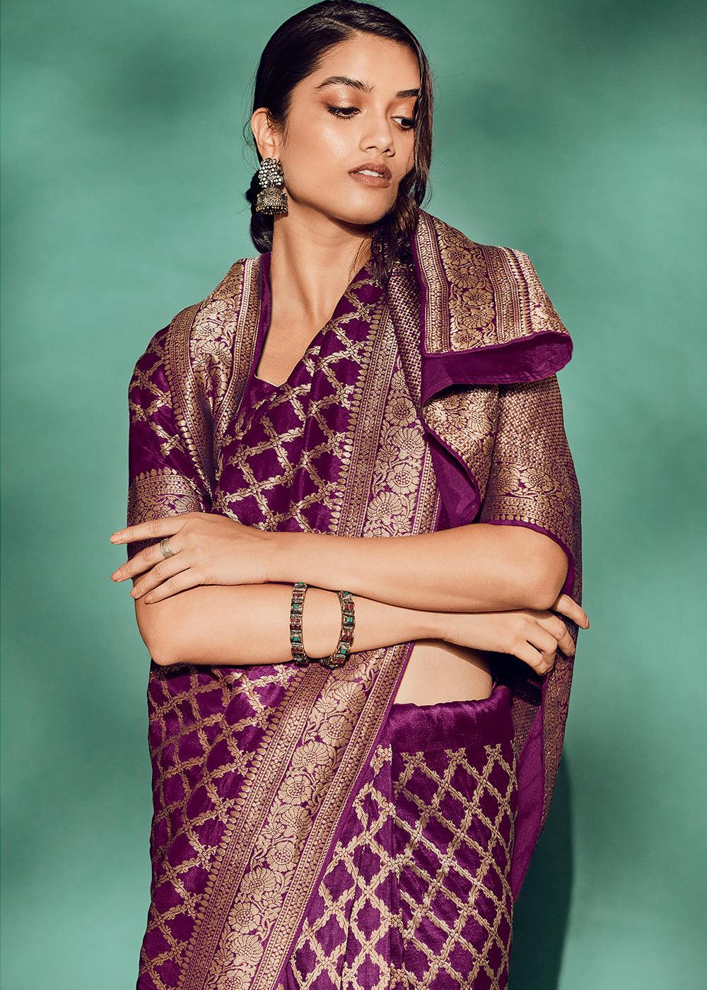 Plum Purple Woven Viscose Silk Saree - qivii