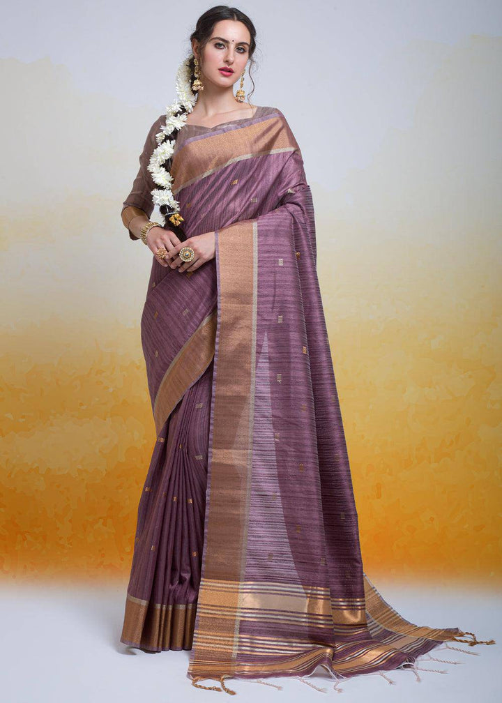 Plum Purple Zari Woven Cotton Silk Saree | Stitched Blouse - qivii