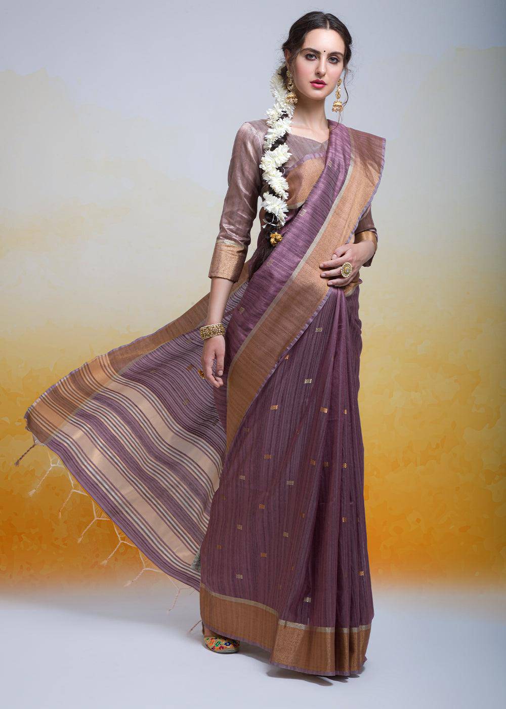 Plum Purple Zari Woven Cotton Silk Saree | Stitched Blouse - qivii