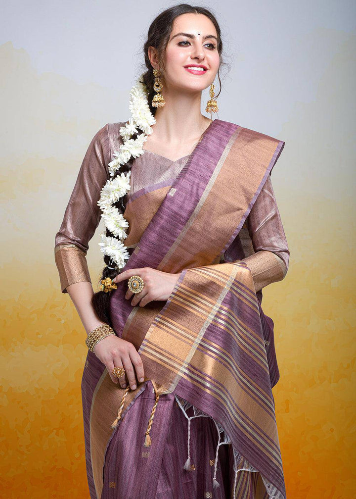 Plum Purple Zari Woven Cotton Silk Saree | Stitched Blouse - qivii