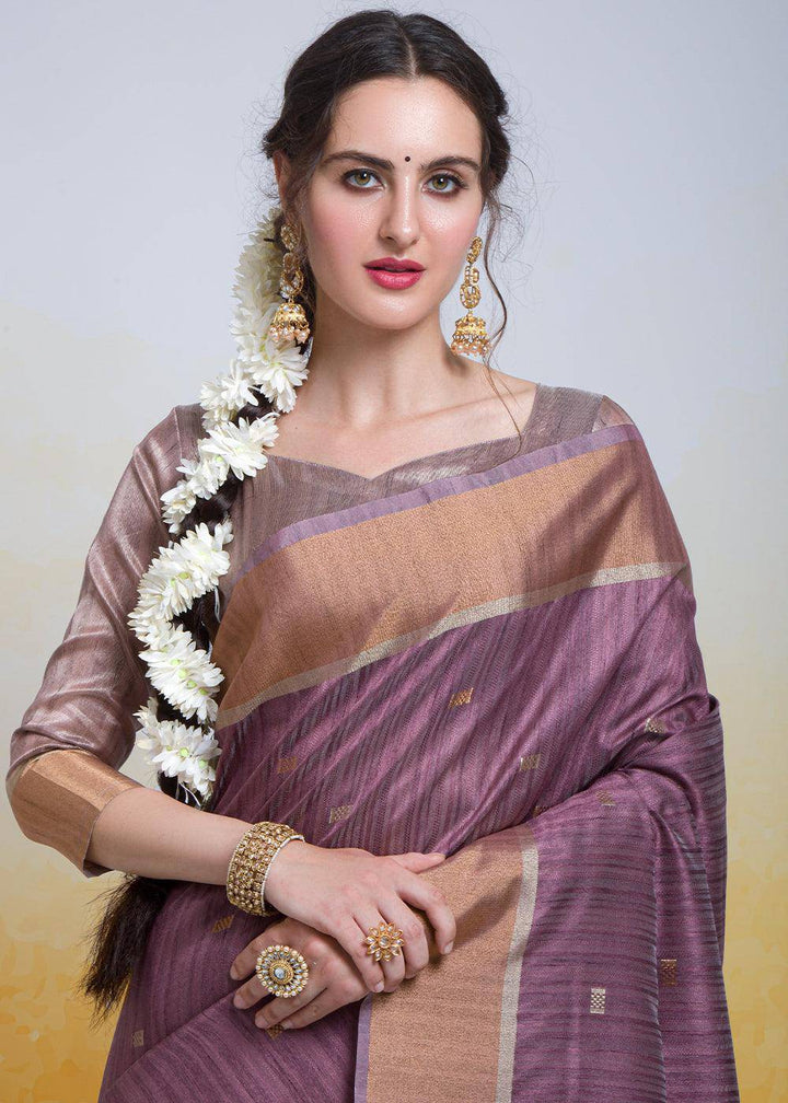 Plum Purple Zari Woven Cotton Silk Saree | Stitched Blouse - qivii