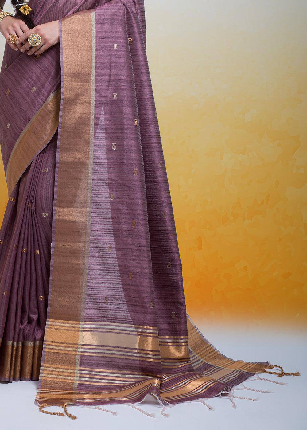 Plum Purple Zari Woven Cotton Silk Saree | Stitched Blouse - qivii