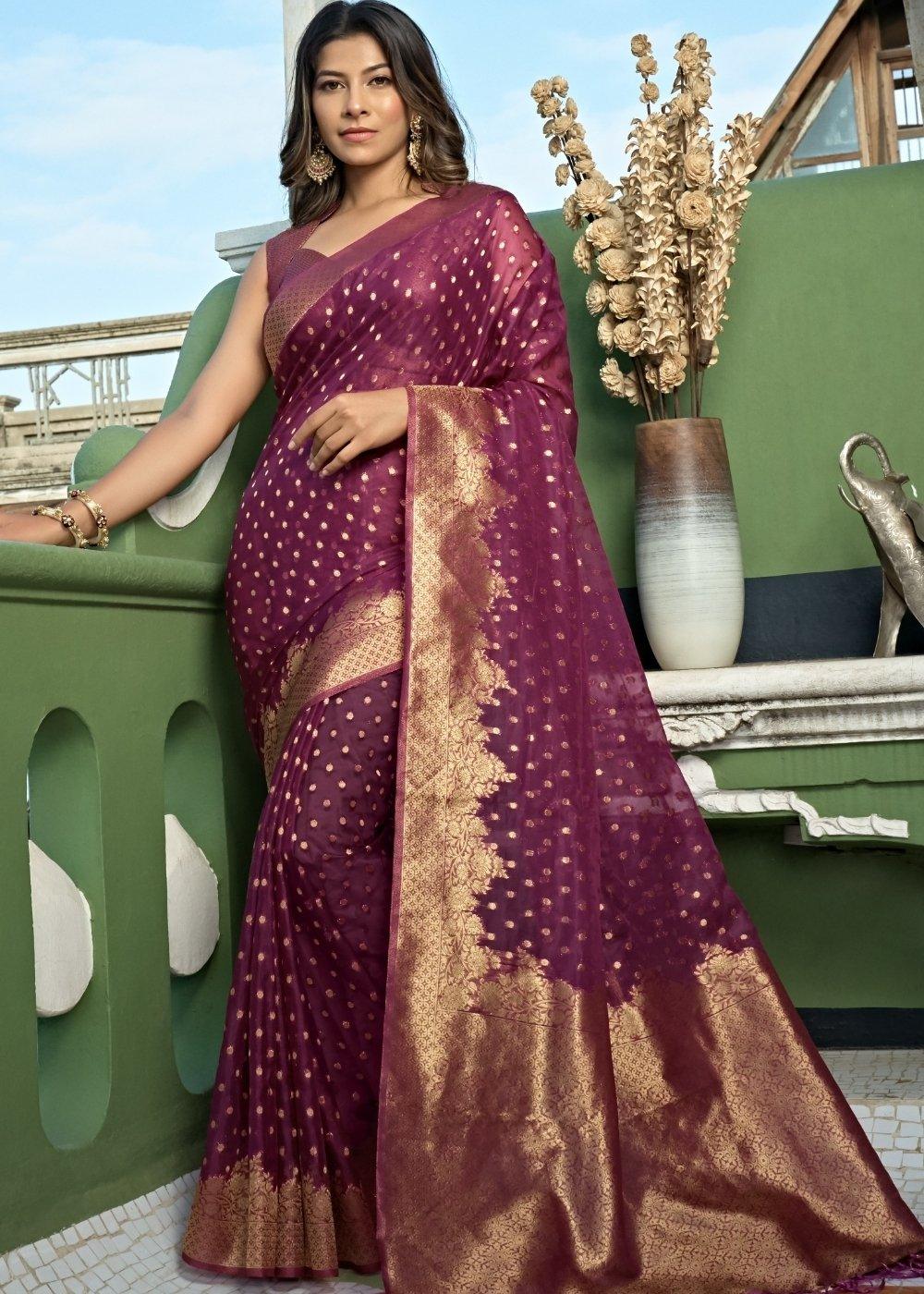 Plum Purple Zari Woven Organza Silk Saree | Stitched Blouse - qivii