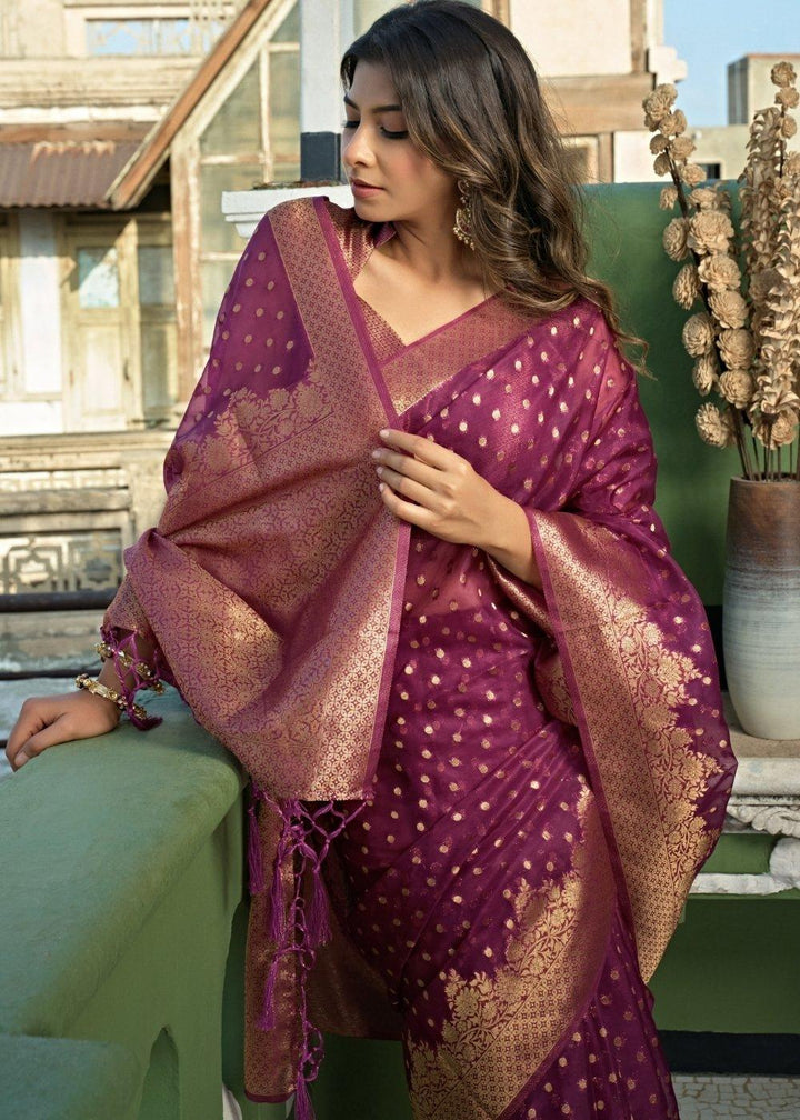 Plum Purple Zari Woven Organza Silk Saree | Stitched Blouse - qivii