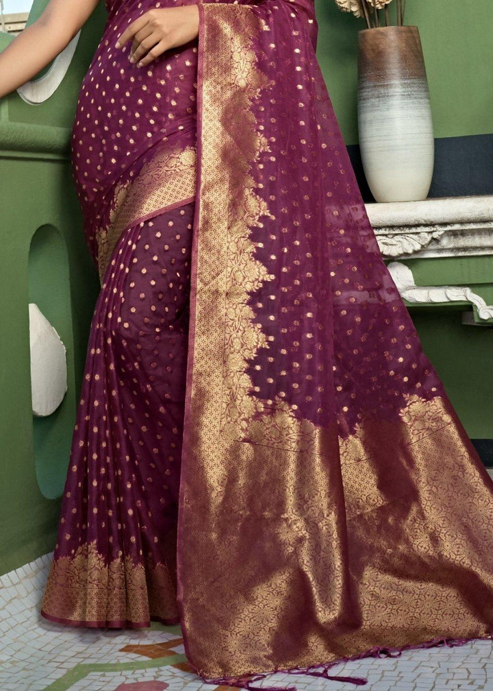 Plum Purple Zari Woven Organza Silk Saree | Stitched Blouse - qivii