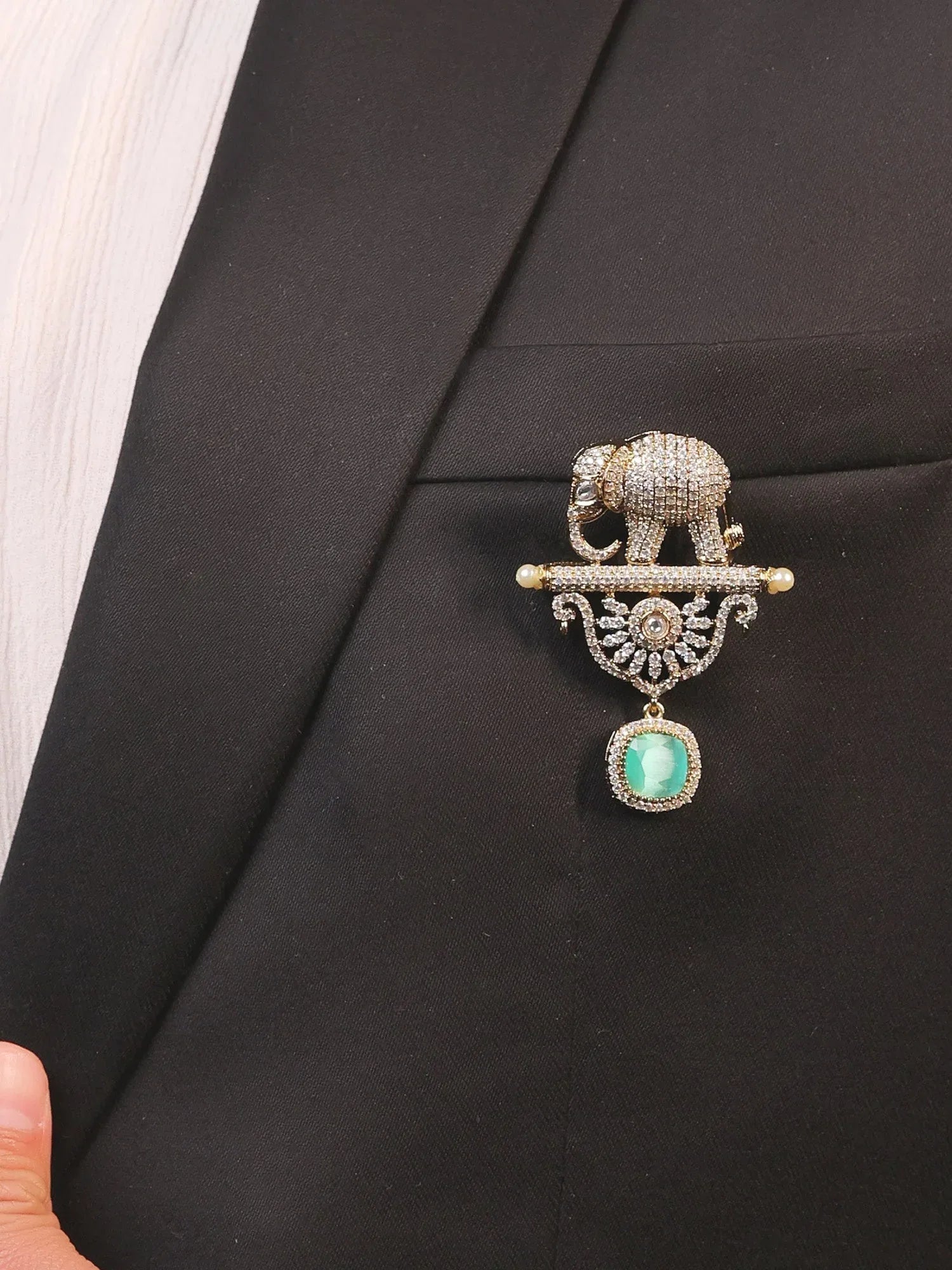 Rajavar Mint Green Elephant Brooch