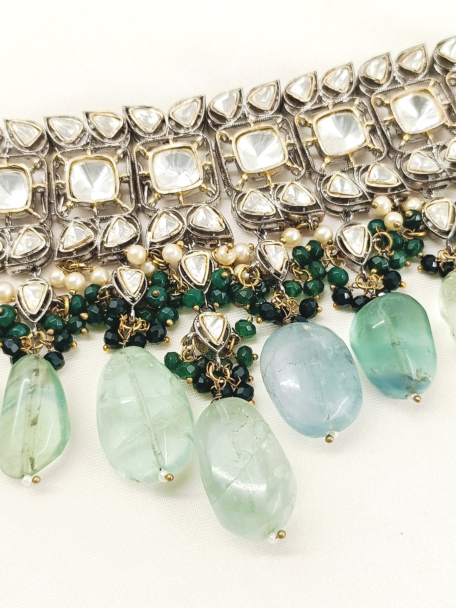 Bushra Mint Green Rhodium Plated Victorian Necklace Set