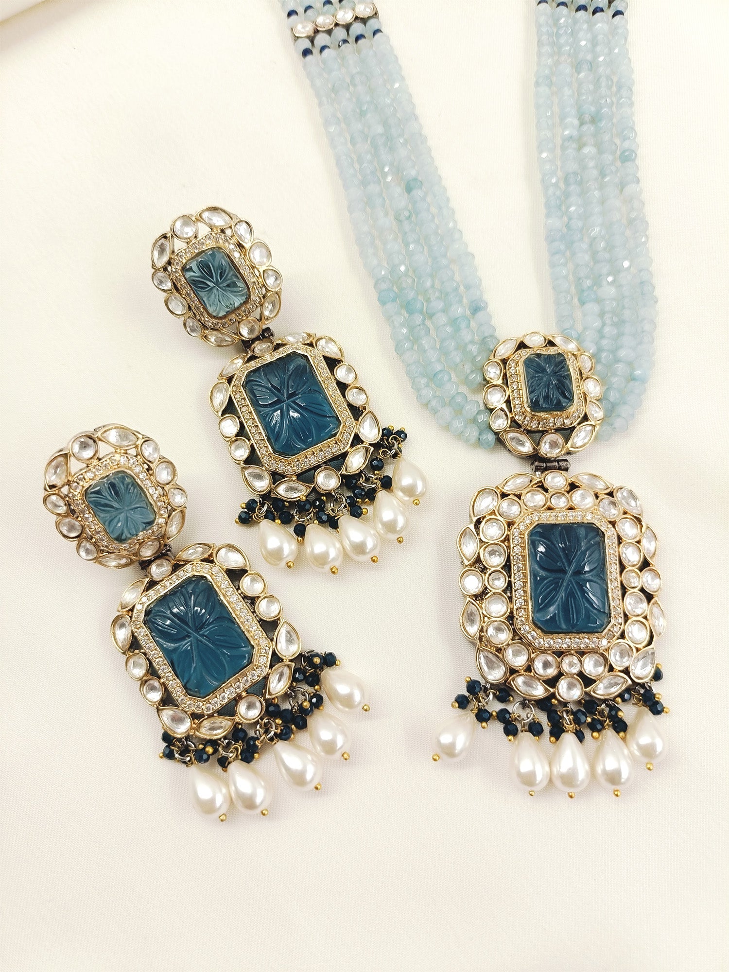 Rehemat Navy Blue Stone Gold & Rhodium Plated Victorian Set