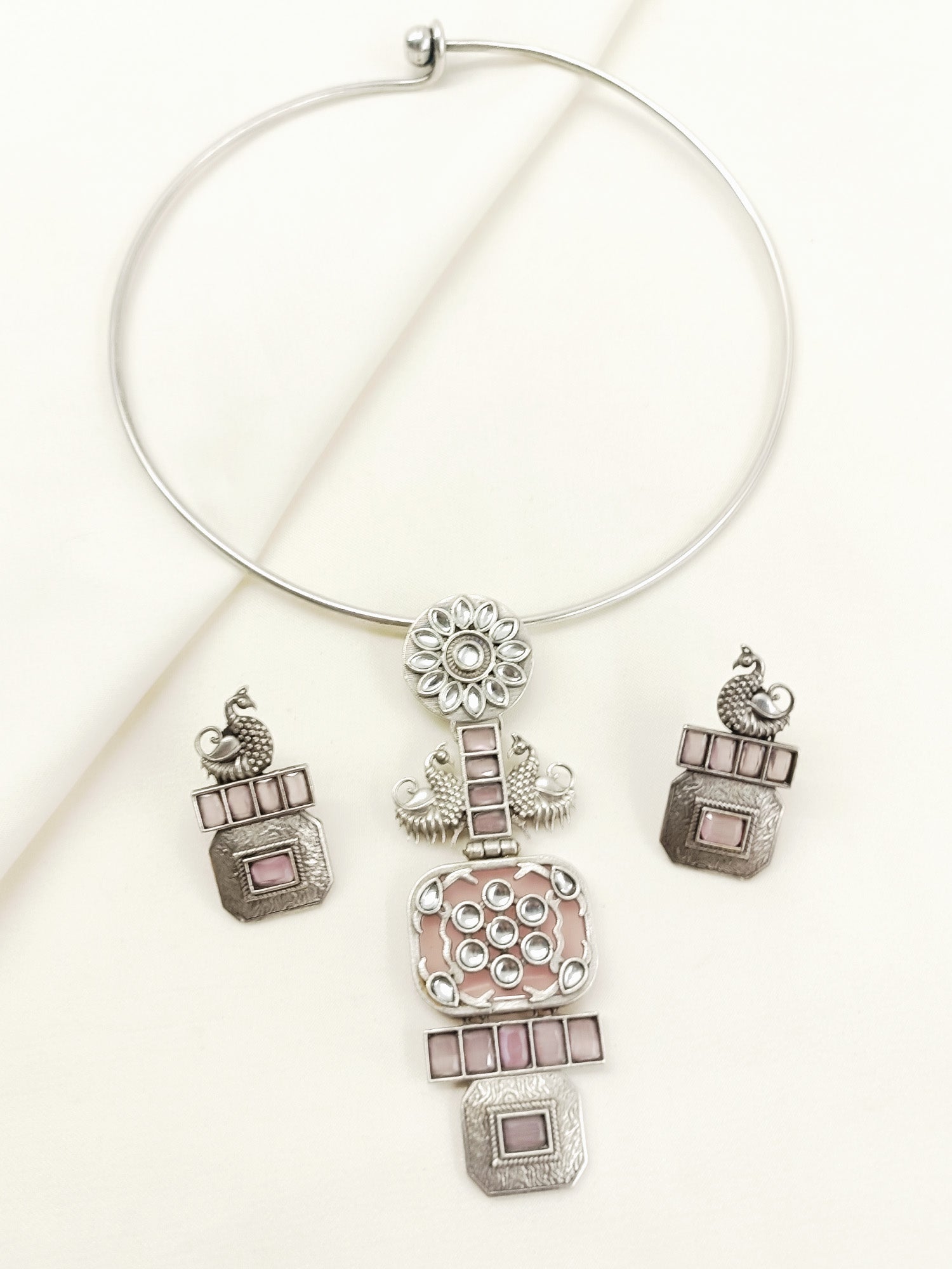 Naiya Baby Pink Oxidized Hasli Style Necklace Set