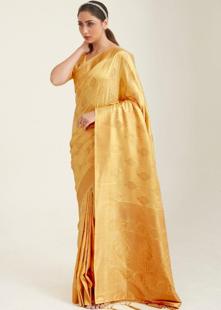 Poppy Golden Zari Butta Woven Banasari Silk Saree | Stitched Blouse - qivii