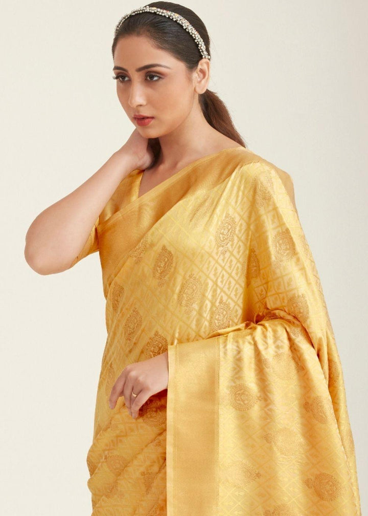 Poppy Golden Zari Butta Woven Banasari Silk Saree | Stitched Blouse - qivii