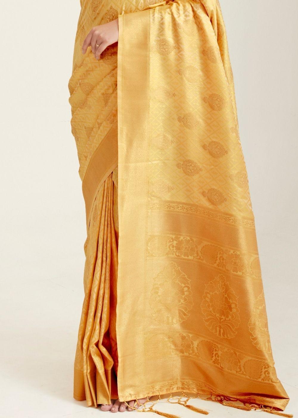 Poppy Golden Zari Butta Woven Banasari Silk Saree | Stitched Blouse - qivii