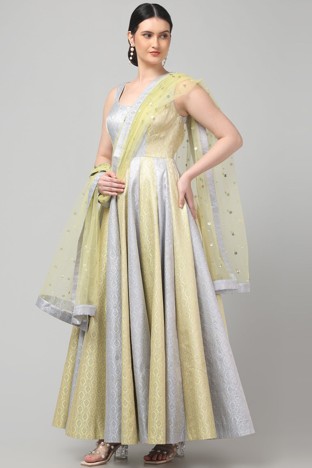 Two Tone Brocade Anarkali Gown with Dupatta
