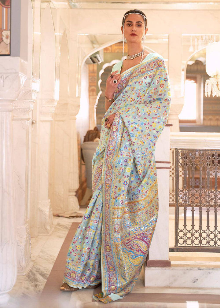 Powder Blue Banarasi Jamawar Woven Silk Saree | Stitched Blouse - qivii