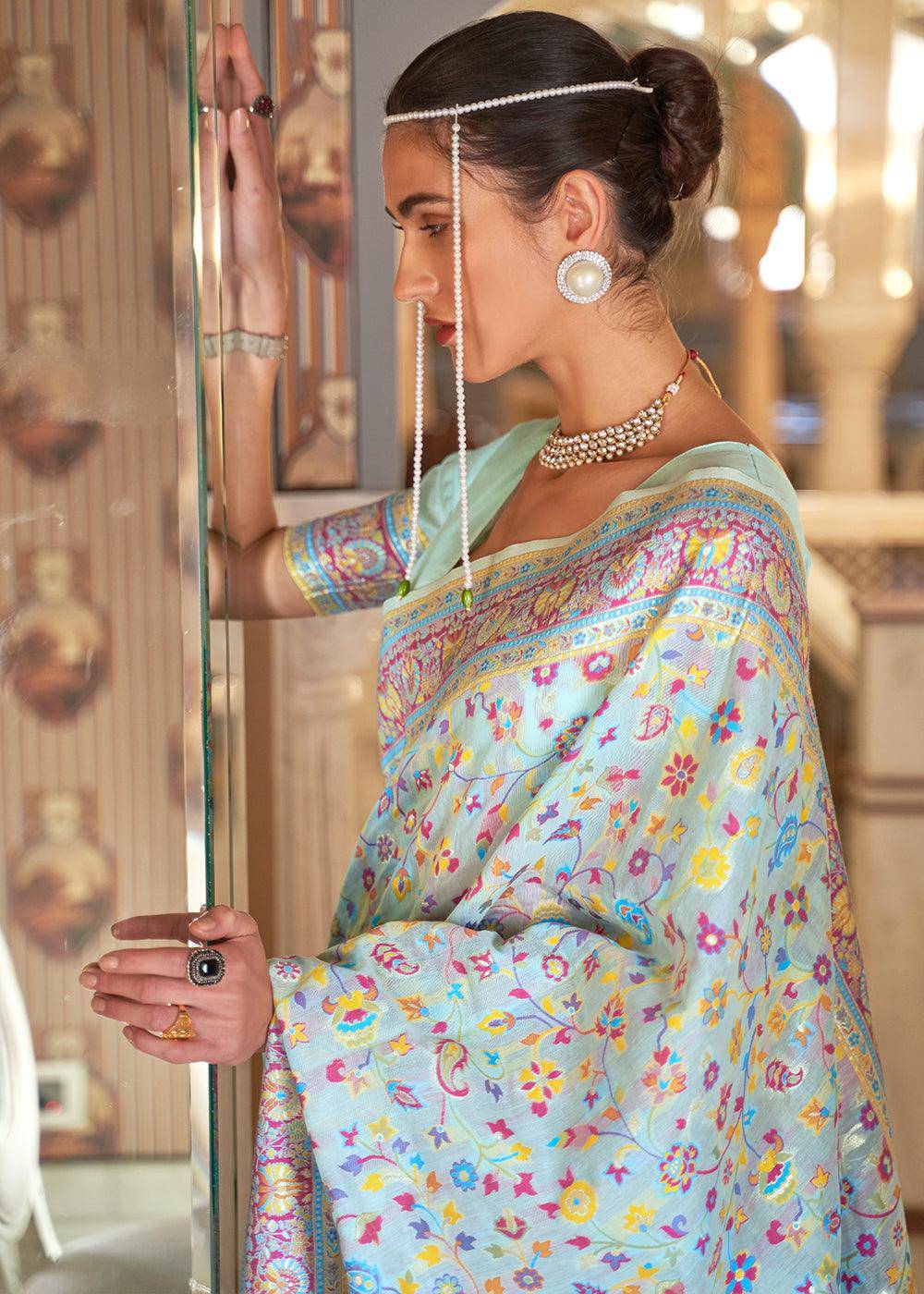 Powder Blue Banarasi Jamawar Woven Silk Saree | Stitched Blouse - qivii