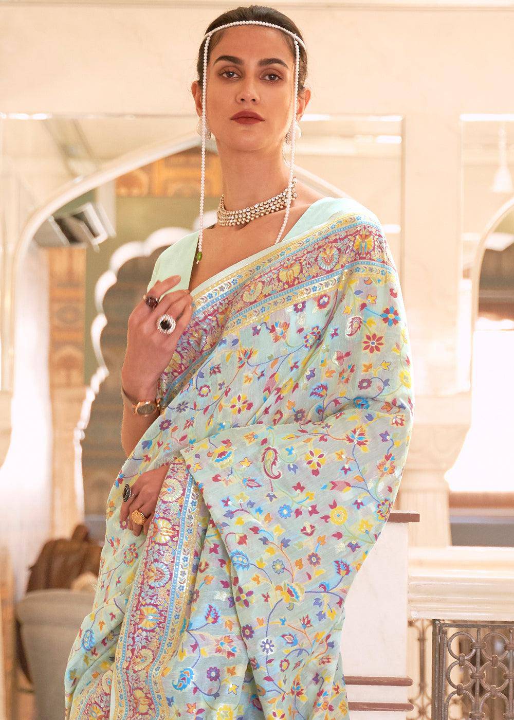 Powder Blue Banarasi Jamawar Woven Silk Saree | Stitched Blouse - qivii