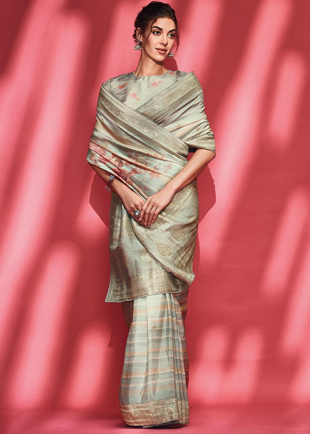 Powder Blue Floral Printed Woven Viscose Silk Saree - qivii