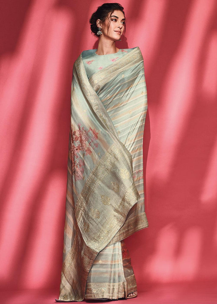 Powder Blue Floral Printed Woven Viscose Silk Saree - qivii