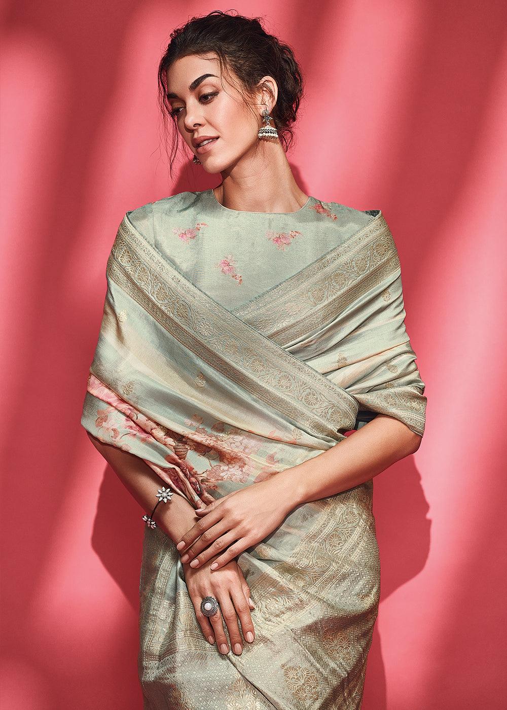 Powder Blue Floral Printed Woven Viscose Silk Saree - qivii