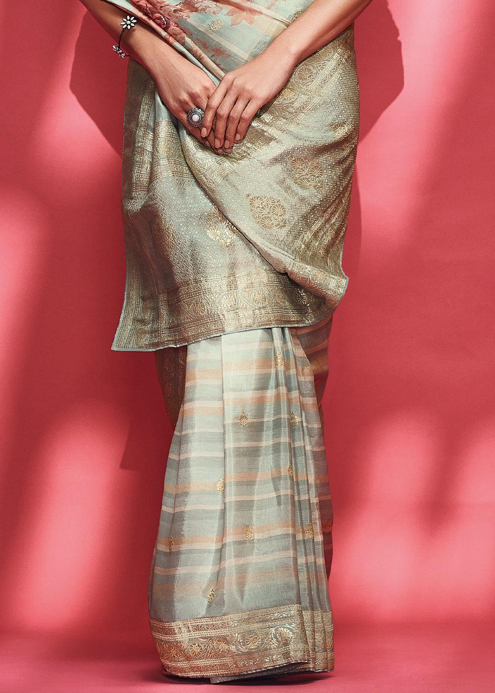 Powder Blue Floral Printed Woven Viscose Silk Saree - qivii