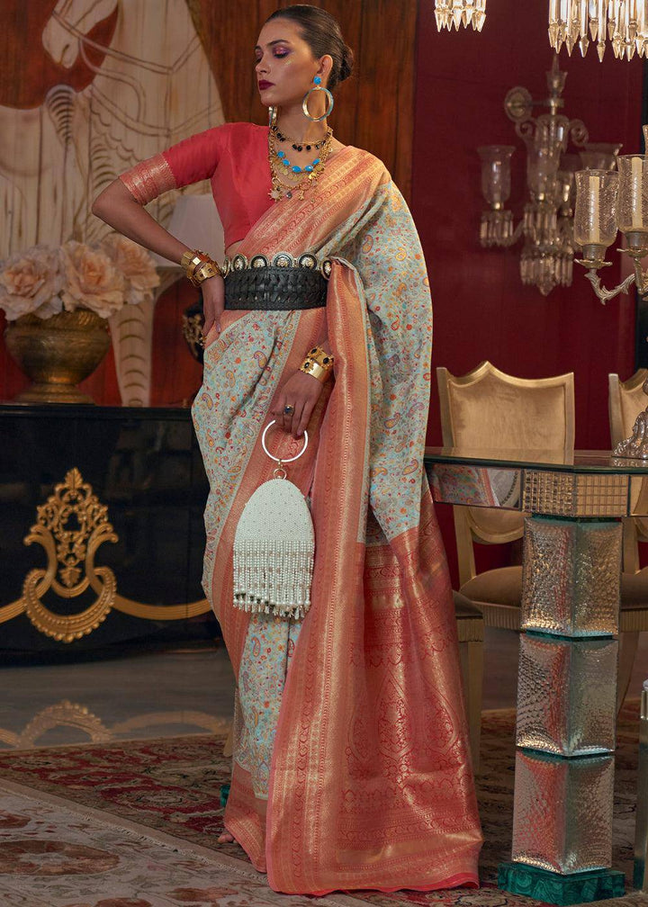 Powder Blue Kashmiri Jamawar Woven Silk Saree | Stitched Blouse - qivii