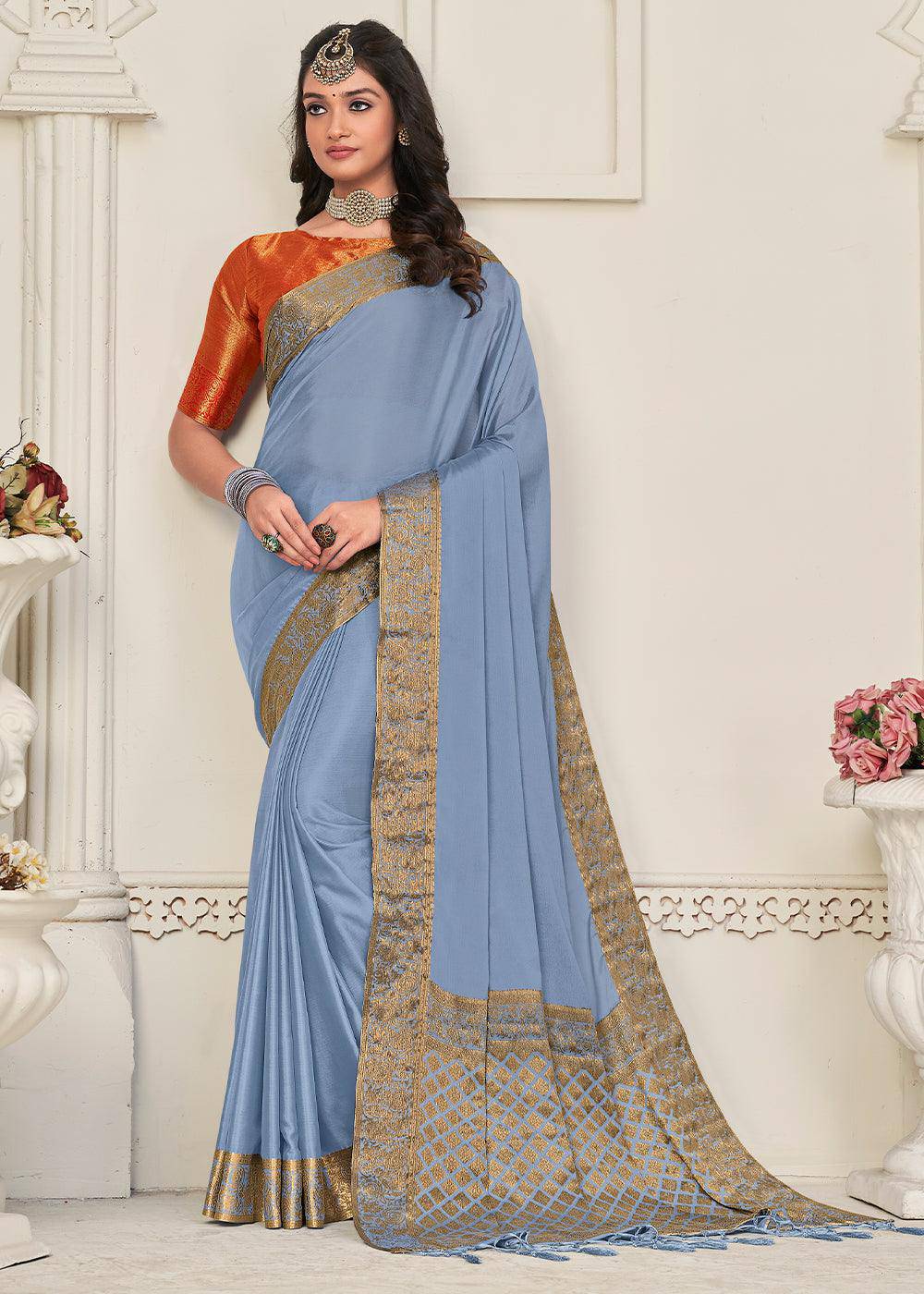 Powder Blue Woven Chinon Silk Saree | Stitched Blouse - qivii