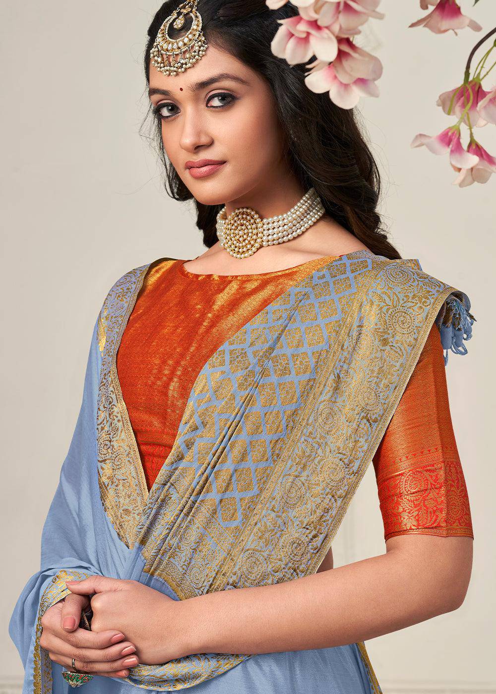 Powder Blue Woven Chinon Silk Saree | Stitched Blouse - qivii