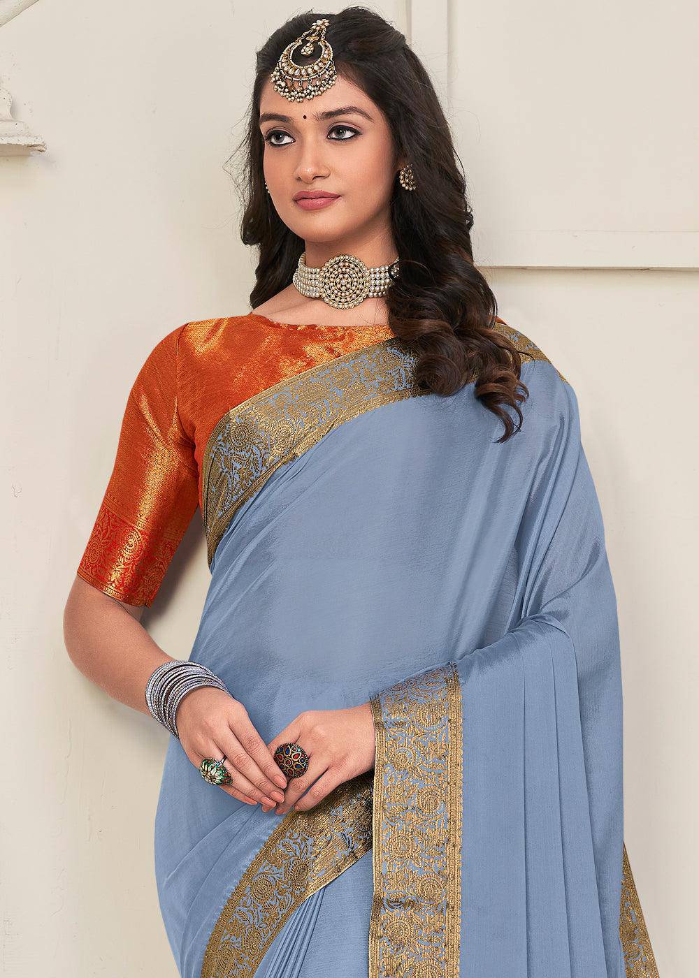 Powder Blue Woven Chinon Silk Saree | Stitched Blouse - qivii