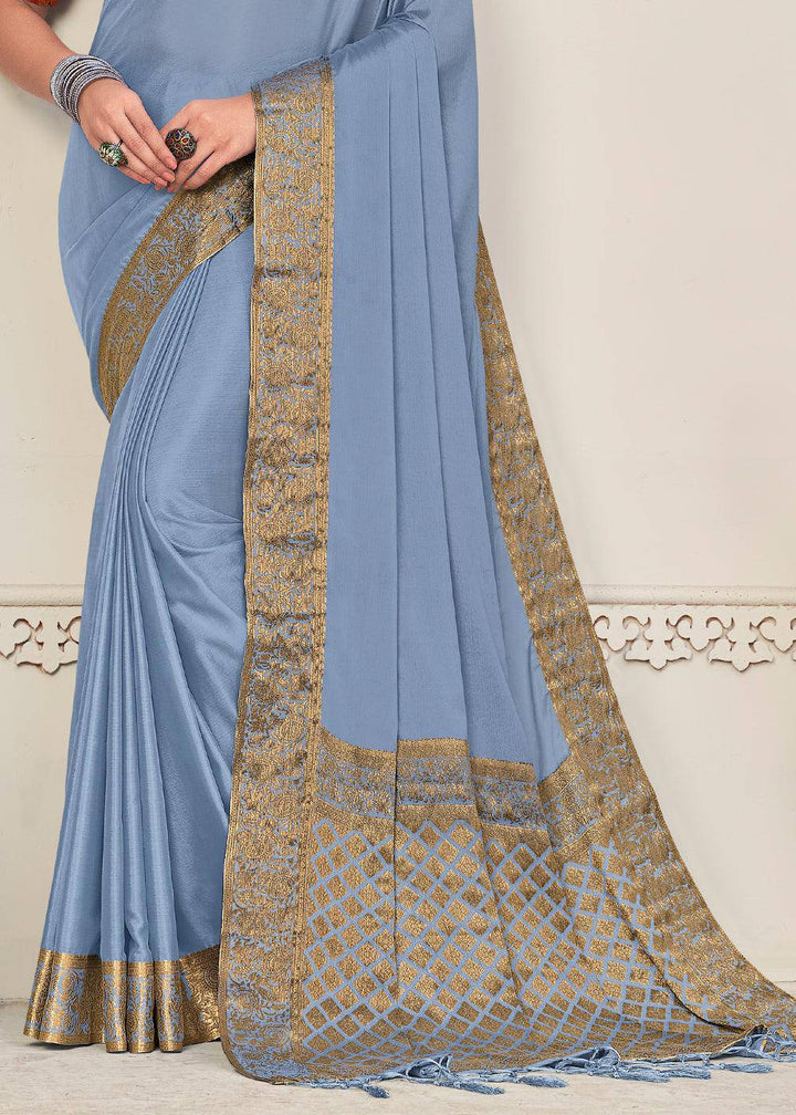 Powder Blue Woven Chinon Silk Saree | Stitched Blouse - qivii