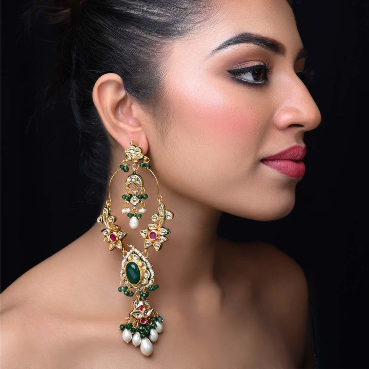 Preet Long Kundan Earrings With Green Stone - qivii