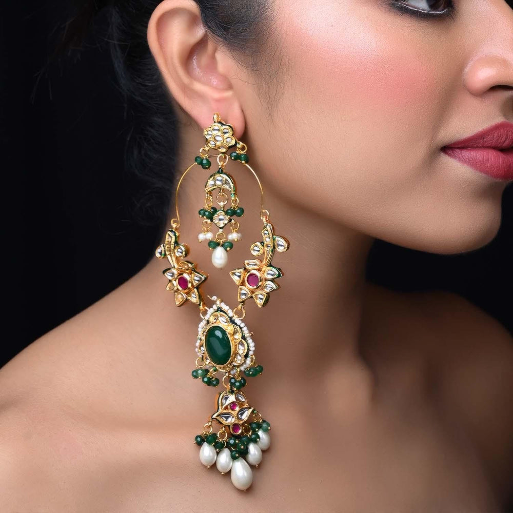 Preet Long Kundan Earrings With Green Stone - qivii