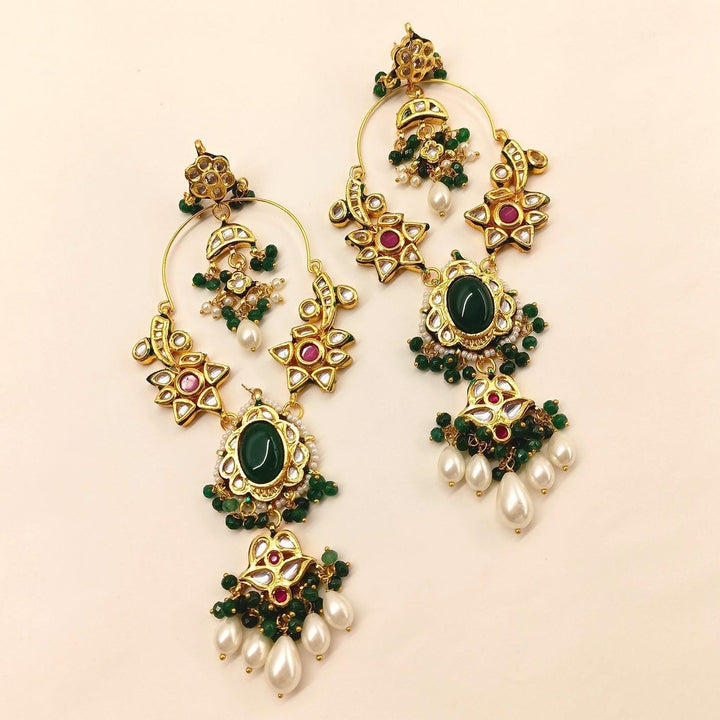 Preet Long Kundan Earrings With Green Stone - qivii