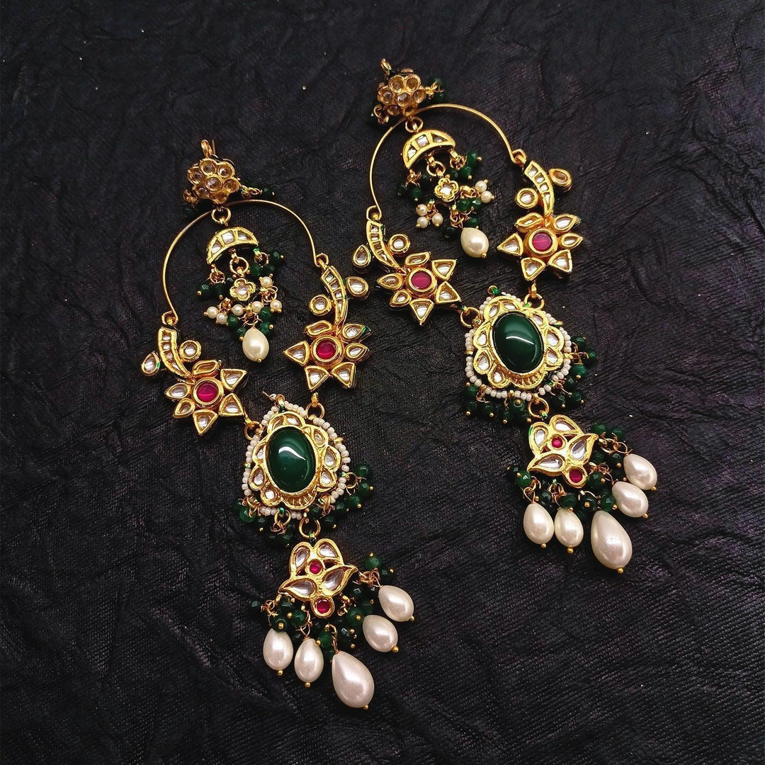 Preet Long Kundan Earrings With Green Stone - qivii