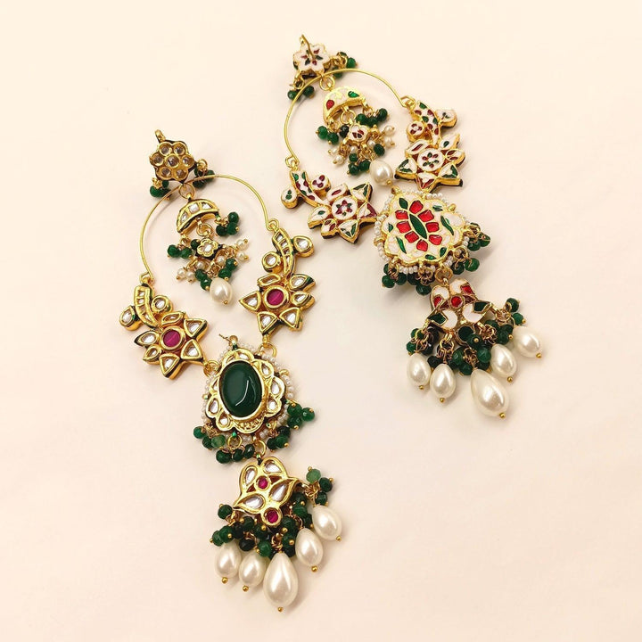 Preet Long Kundan Earrings With Green Stone - qivii