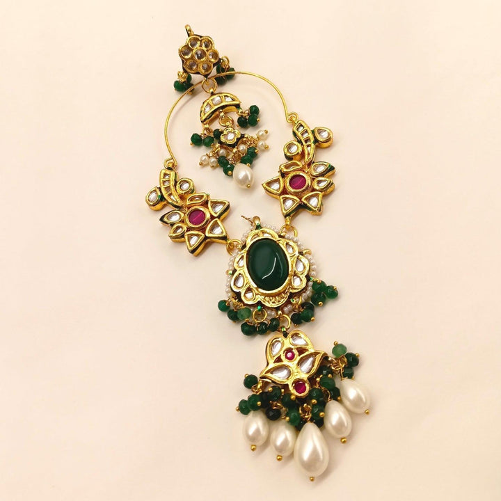 Preet Long Kundan Earrings With Green Stone - qivii