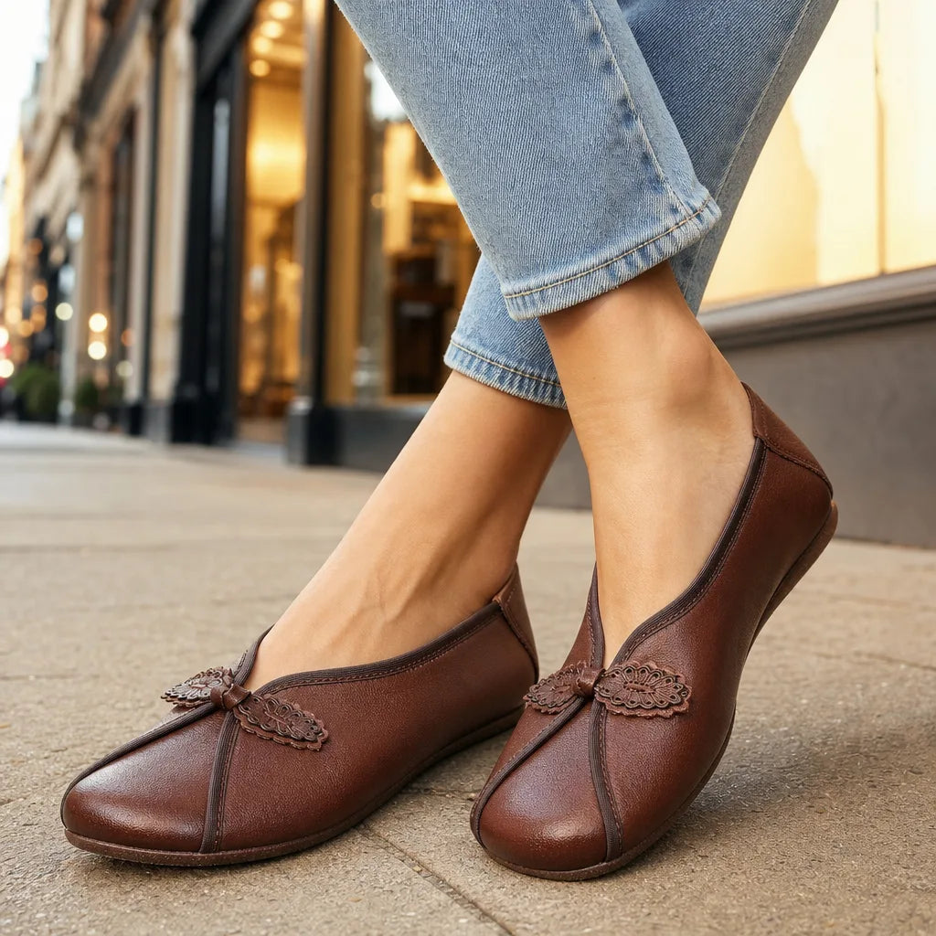 Brown Prescott women's orthopedic ballet flats by Hudson Ridge, stylish and comfortable slip-on footwear for women.
