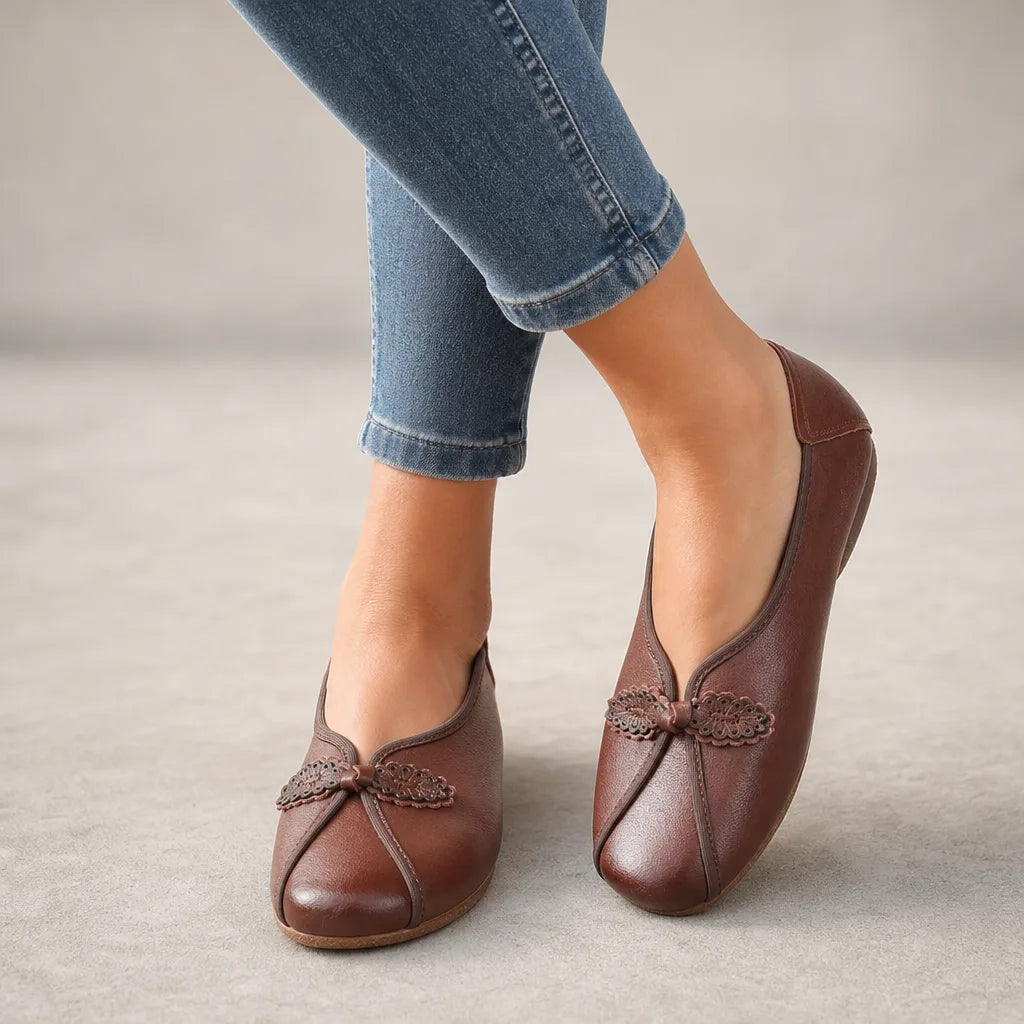 Brown Prescott women's orthopedic ballet flats by Hudson Ridge, stylish slip-on footwear with supportive design.