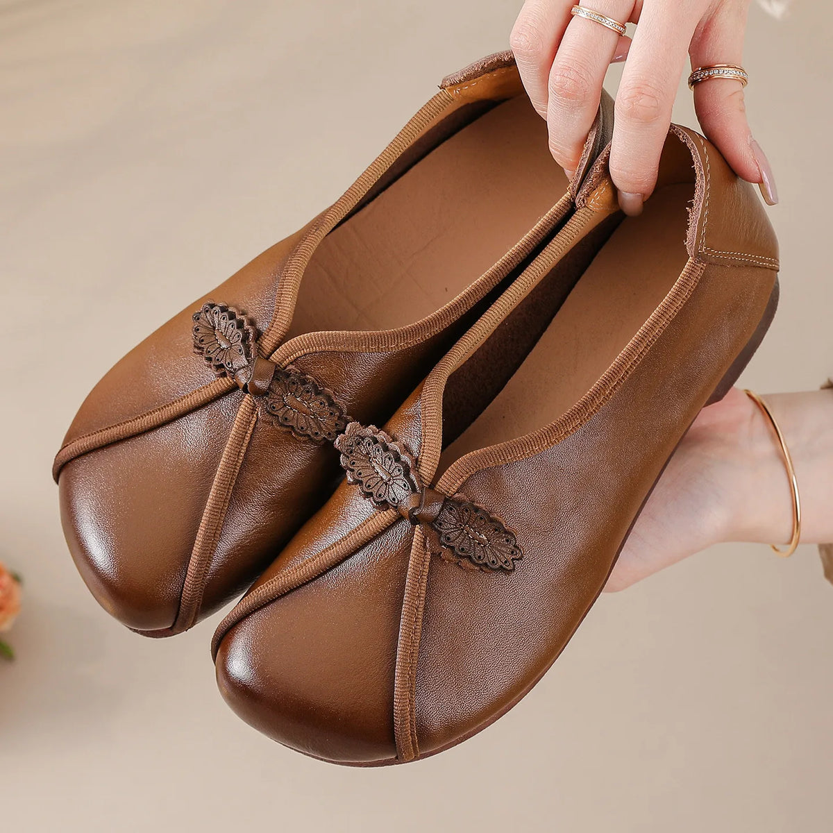 Tan Prescott women's orthopedic ballet flats by Hudson Ridge, featuring a comfortable and supportive slip-on shoe design.