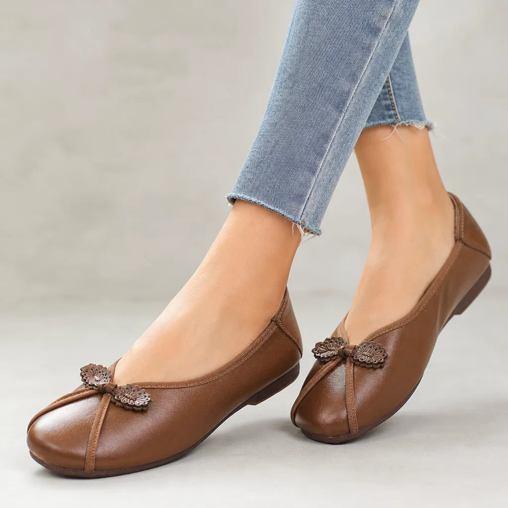 Tan Prescott women's orthopedic ballet flats by Hudson Ridge, stylish slip-on footwear with supportive design for comfort.