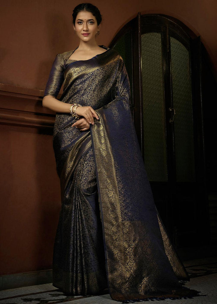 Presidential Blue & Golden Blend Woven Kanjivaram Silk Saree | Stitched Blouse - qivii