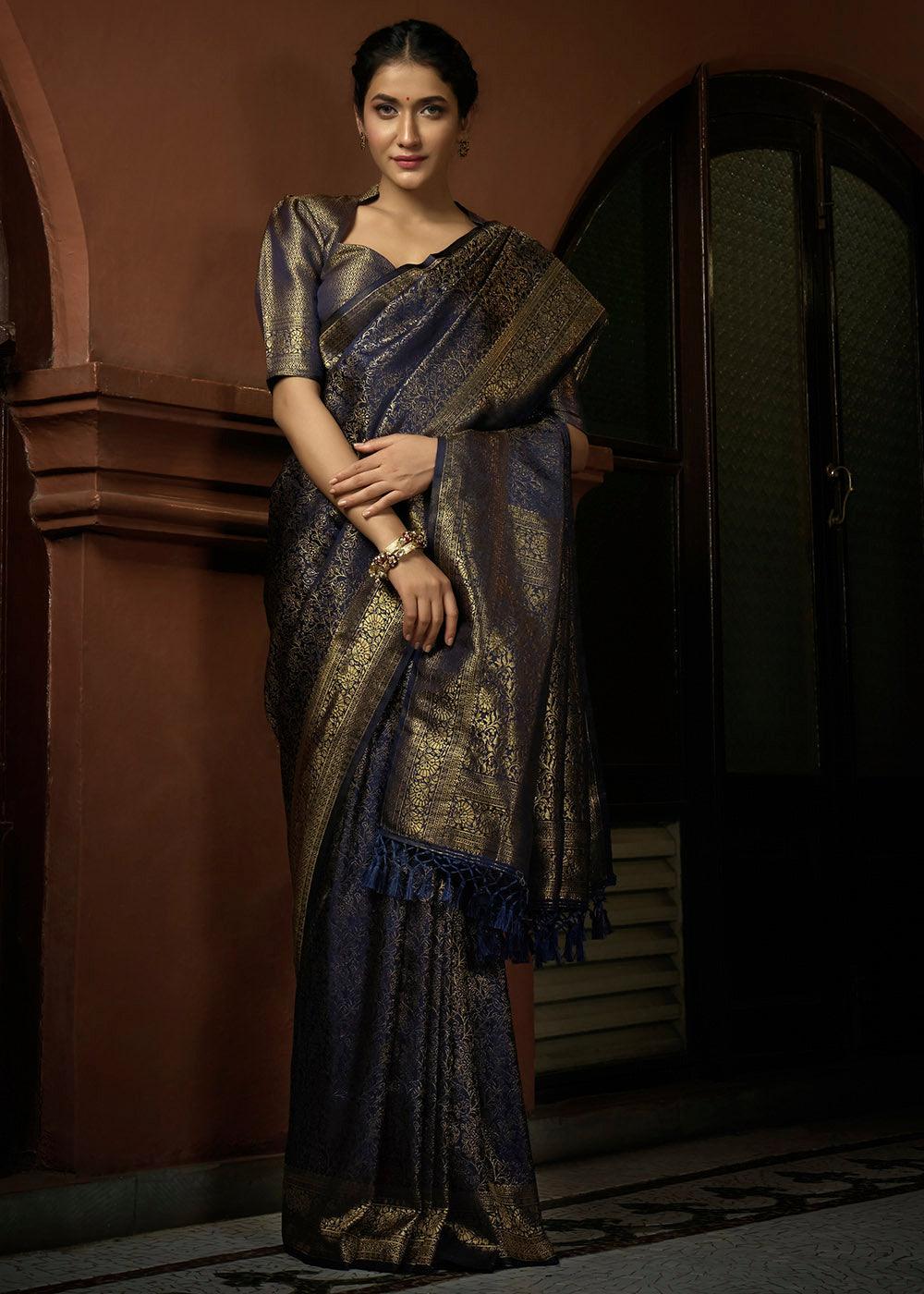 Presidential Blue & Golden Blend Woven Kanjivaram Silk Saree | Stitched Blouse - qivii