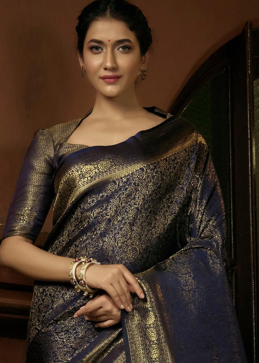 Presidential Blue & Golden Blend Woven Kanjivaram Silk Saree | Stitched Blouse - qivii