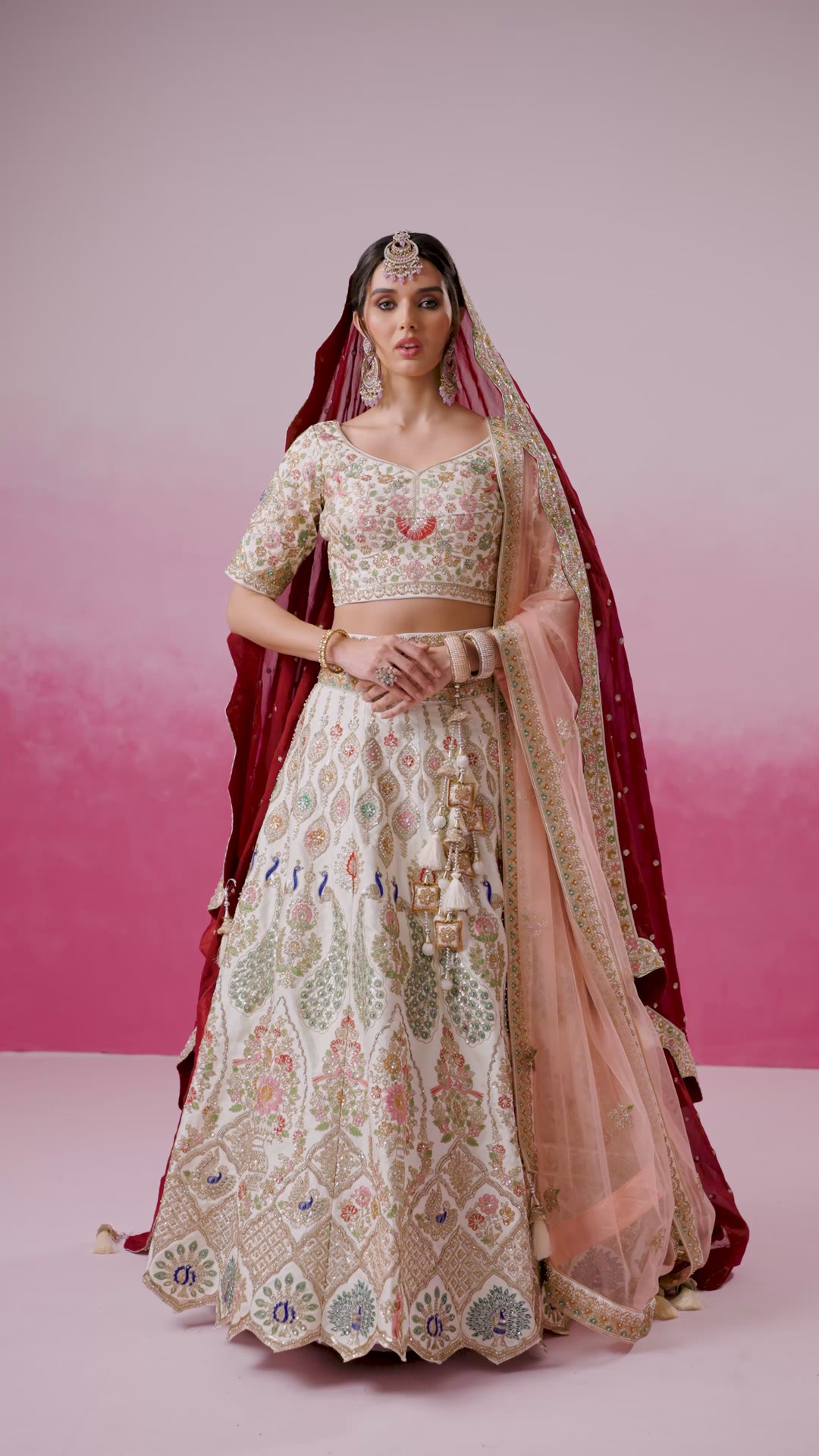 Cream - Pure Silk Fully Embroidered Using Moti,Sequin & Multicolor Thread Bridal Semi Stitched Lehenga with Double Dupatta