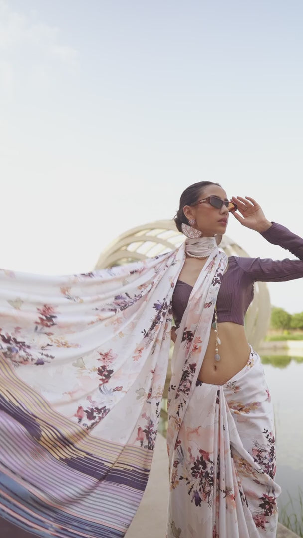 White Floral Digital Printed Satin Silk Saree