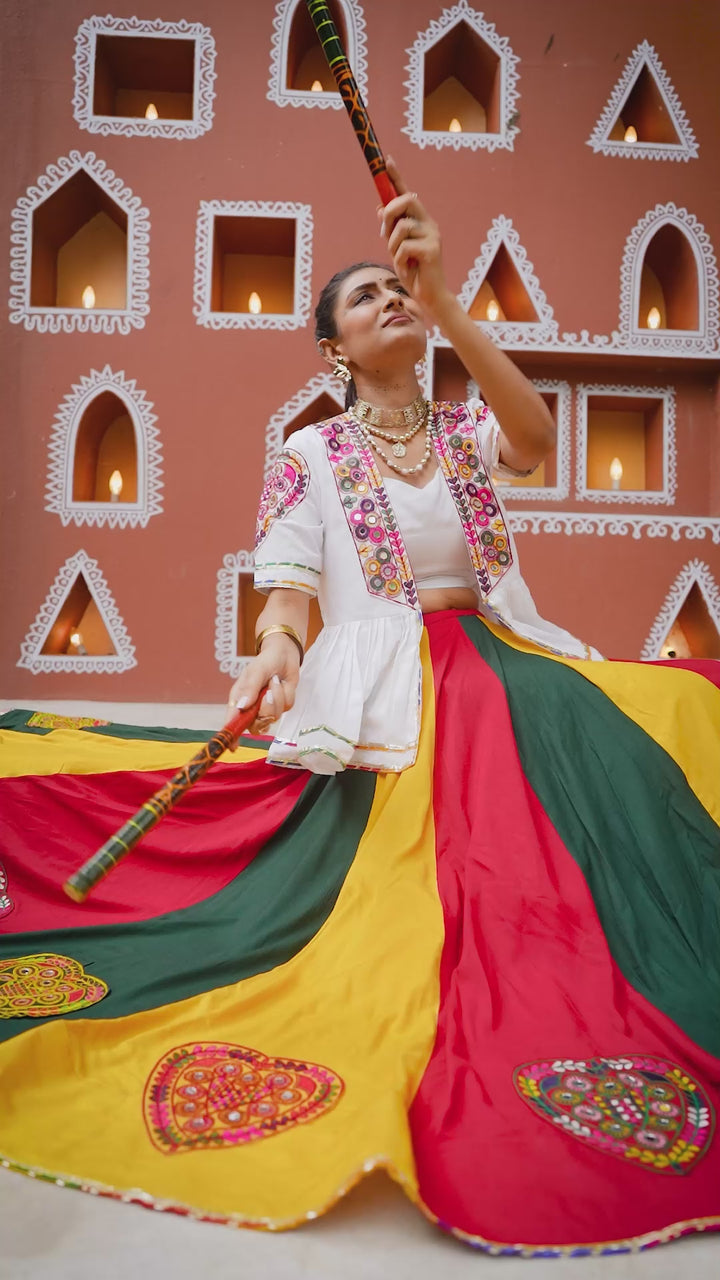 Multi Color Poly Maska Silk Embroidered Waist belt and Latkan Lehenga