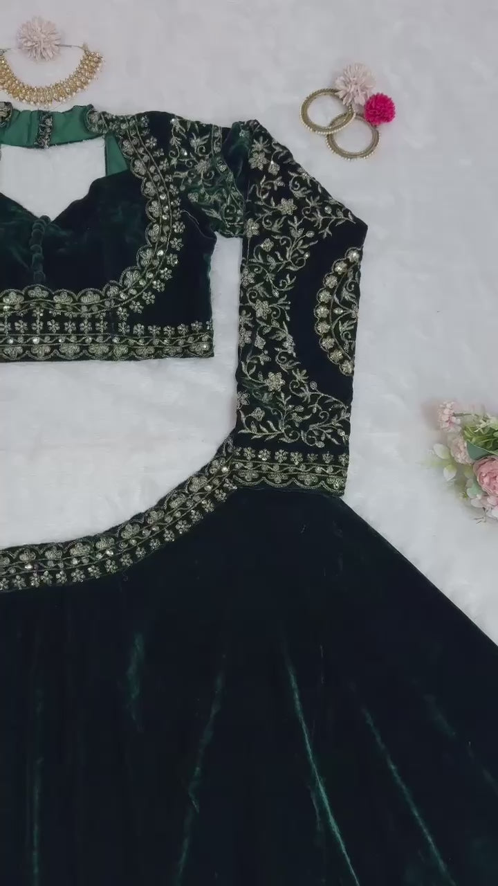 Green Viscos velvet thread with Sequnce Lehengha - INSPIRED