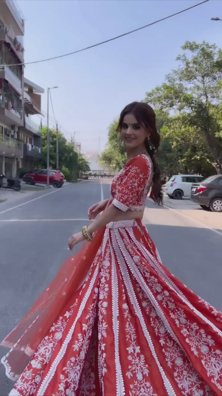 Red Color Mulmul silk lehenga with rainbow sequins & resham thread work - INSPIRED