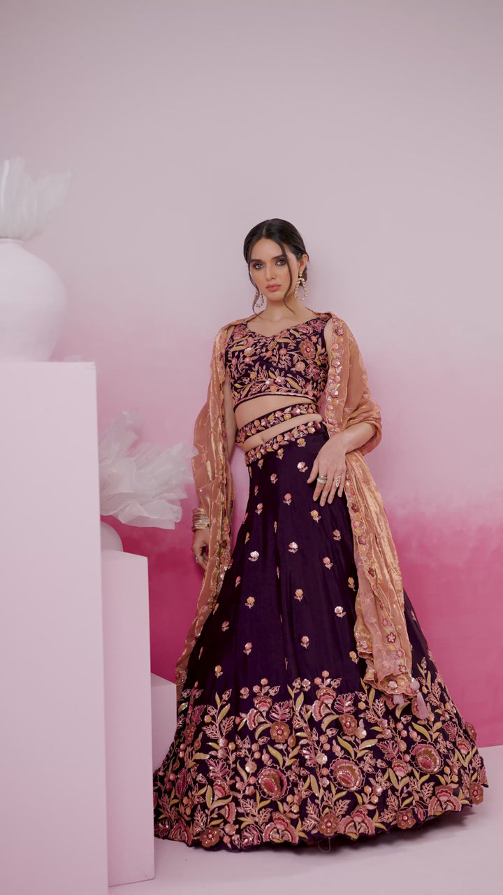 Burgundy colour Chiffon Sequins embroidery Semi-Stitched Lehenga choli & Dupatta