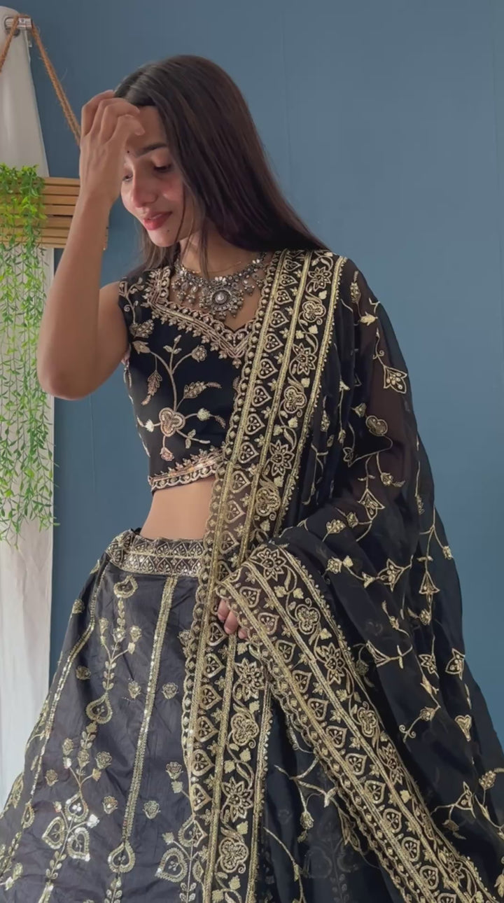 BLACK COLOR LEHNGA DETAILS:JALPARI SILK WITH EMBROIDERY SEQUENCE ZARI DESIGN WORK